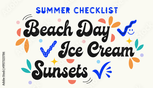 Modern Calligraphy Checklist with Vector Icons – Summer Beach Day, Ice Cream, and Sunset Lettering