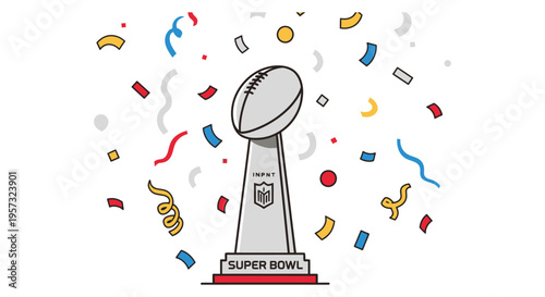 A vibrant illustration depicts a super bowl trophy amidst colorful confetti celebrating a championship win silhouette high quality professional detailed