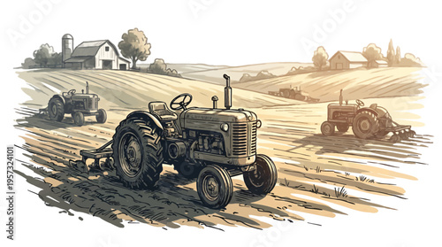 Vintage Agricultural Scene Featuring Classic Tractors Plowing Fertile Fields Under a Bright Sky, Evoking Traditional Farming Practices and Rural Life