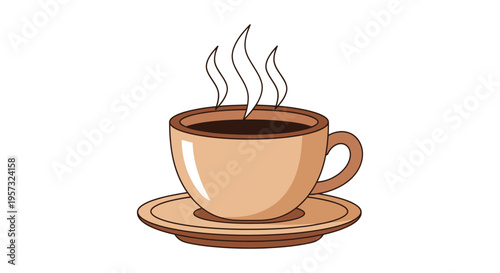 A colorful illustration depicts a steaming cup of coffee on a saucer presented as a striking silhouette high quality professional detailed