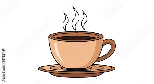 A colorful illustration depicts a steaming cup of coffee on a saucer showcasing a distinct silhouette high quality professional detailed modern