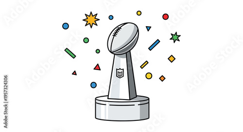 A colorful illustration depicts a football trophy surrounded by celebratory shapes and confetti a striking silhouette high quality professional detailed modern