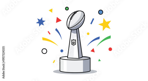 A colorful illustration depicts an american football trophy surrounded by geometric shapes and celebratory bursts silhouette high quality professional detailed modern