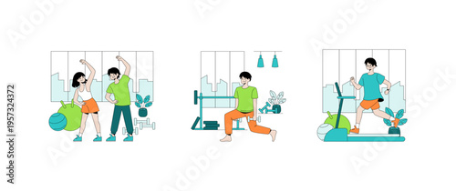 Fitness Activities Vector Illustration with Couple Exercising