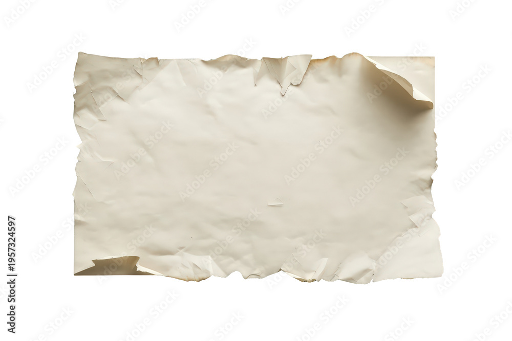 Obraz premium Old crumpled paper texture with torn, ragged edges and burnt effects on a transparent background, vintage parchment design