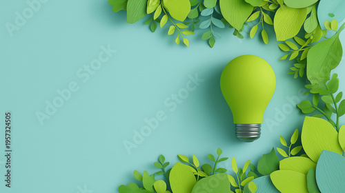 Eco Lightbulb Made of Green Leaves Top View – Renewable Energy and Sustainable Resource Conservation Concept
