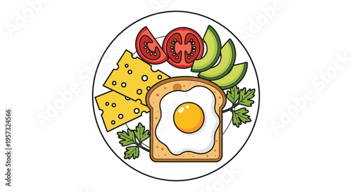 A vibrant cartoon illustration depicts a breakfast plate with avocado cheese egg and toast a delightful silhouette high quality professional detailed