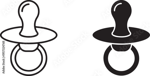 Pacifier baby soother, orthodontic nipple, infant comfort item, teething relief, simple icon in black and white outline and solid