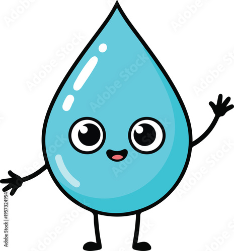 Cute cartoon water droplet character waving happily, representing hydration, liquid, or emotion, bright blue with big eyes