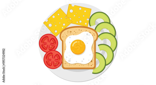 A vibrant flat lay depicts breakfast items including toast egg cheese tomatoes and cucumber silhouette high quality professional detailed modern