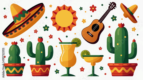 Set of 8 colorful Mexican fiesta icons vector
