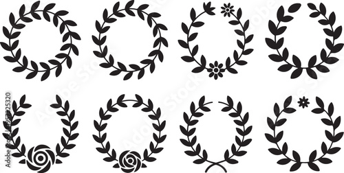 Collection of black silhouette laurel wreaths featuring various leaf arrangements and elegant small flower accents