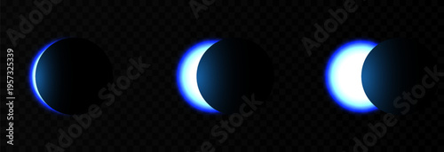 Solar or lunar eclipse with bright flare. Realistic solar or lunar eclipse PNG. Phases of a solar eclipse. Natural phenomenon.