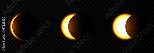 Solar or lunar eclipse with bright flare. Realistic solar or lunar eclipse PNG. Phases of a solar eclipse. Natural phenomenon.