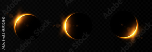 Solar or lunar eclipse with a bright flare and glare. Realistic solar or lunar eclipse PNG. Phases of a solar eclipse. Natural phenomenon.
