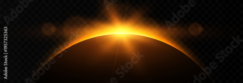 Solar eclipse with a bright flare and glare. Realistic solar eclipse PNG. Phases of a solar eclipse. Natural phenomenon.