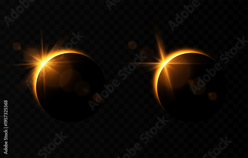 Solar or lunar eclipse with a bright flare and glare. Realistic solar or lunar eclipse PNG. Phases of a solar eclipse. Natural phenomenon.