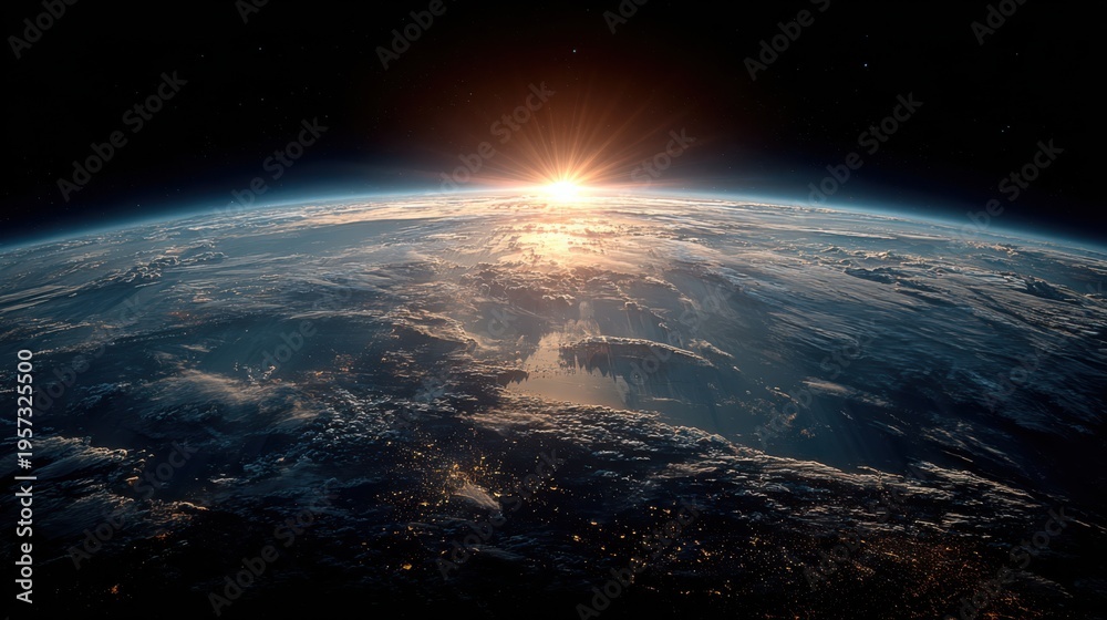 Fototapeta premium Sunrise over Earth from space with glowing atmosphere and city lights planet