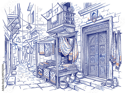 Indian textile market street sketch with fabrics and balcony