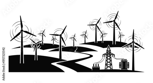 A striking black and white landscape depicts a wind farm with turbines rolling hills and power infrastructure silhouette high quality