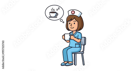 A cheerful nurse sits and dreams of a warm beverage depicted in a simple cartoon silhouette high quality professional detailed modern