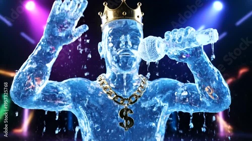 Ice sculpture man rapping with crown.