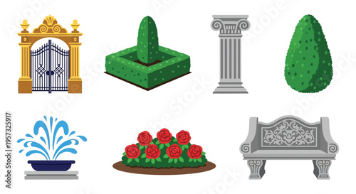 A collection of ornate garden elements including gates fountains bushes and a bench presented as a silhouette high quality professional detailed