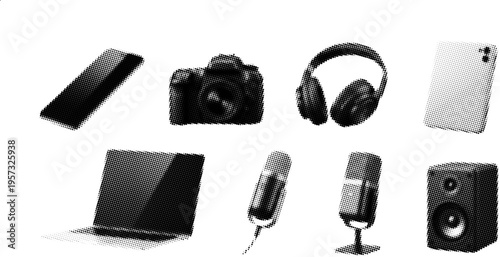 Audio Video Equipment Halftone Illustration Media Devices