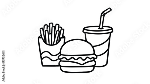 Minimalist outline illustration of a classic fast food meal set, featuring a juicy burger, crispy french fries, and a refreshing beverage, ideal for menu design