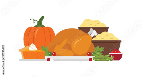 A colorful thanksgiving feast including roasted turkey pumpkin and side dishes presented as a flat illustration silhouette high quality professional detailed