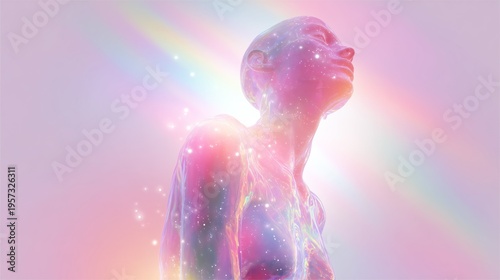 glowing pink human figure with pastel rainbow aura dreamy ethereal aesthetic