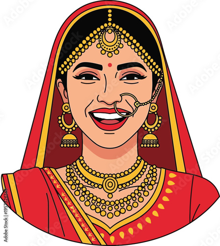Beautiful South Asian bride wearing traditional red wedding dress with ornate gold jewelry and heavy makeup