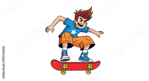 A dynamic cartoon illustration depicts a boy energetically skateboarding showcasing movement and youthful energy silhouette high quality professional detailed modern elegant