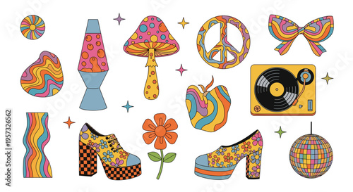 A vibrant collection of retro 70s psychedelic objects, including a lava lamp, peace sign, and platform shoes, is scattered across a white background.