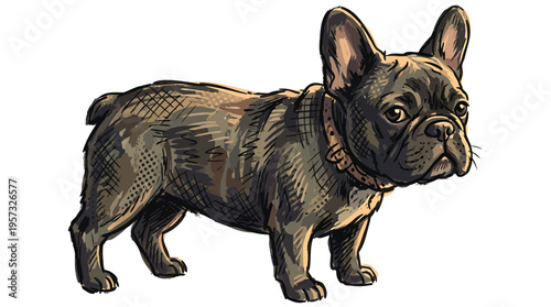 Charming hand-drawn illustration of a standing brindle French Bulldog with a collar, embodying a loyal and adorable pet companion