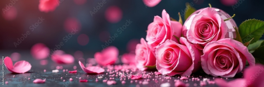 Fototapeta premium Pink roses, disco ball, glitter, confetti, party supplies, pink, roses, design
