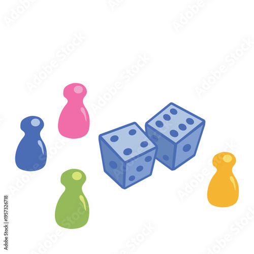 Colorful game pawns and blue dice for tabletop board games and gambling