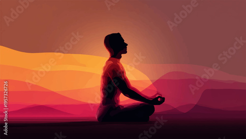 Vector silhouette of man meditating in yoga pose at sunset