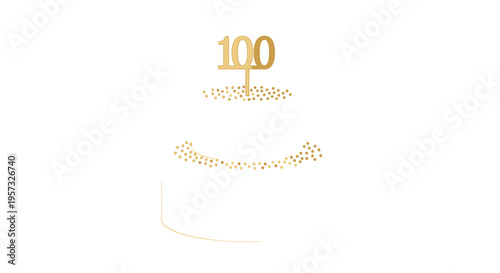 A minimalist two-tiered white cake with golden sprinkles features a 100 numeral topper on a plain white background.