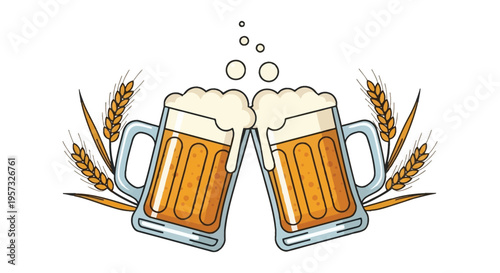 Two overflowing mugs of beer are cheerfully clinking together adorned with wheat and bubbles a festive silhouette high quality professional