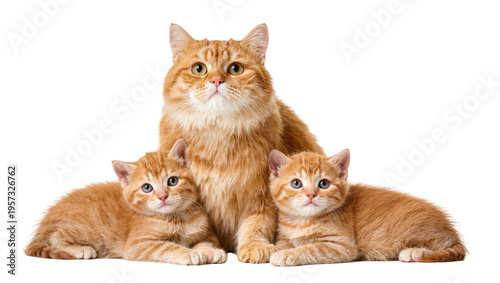 Charming adult orange tabby cat and her two adorable striped kittens posing sweetly together