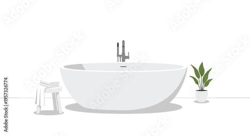 A white freestanding bathtub is positioned next to a small white stool with folded towels and a potted green plant on a light-colored floor in a minimalist setting.