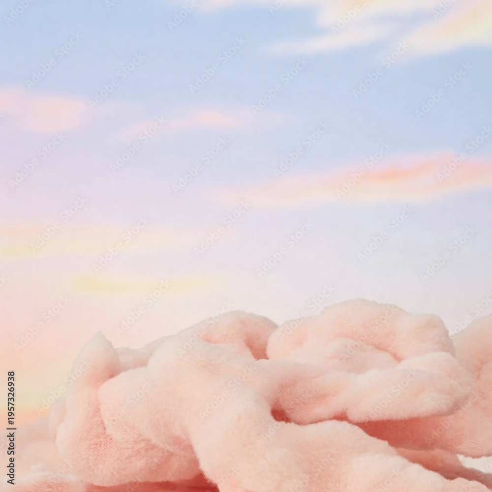 Fototapeta premium Soft Pink Faux Fur Texture with Dreamy Pastel Sky Background, Ethereal Plush Fabric for Beauty Branding and Feminine Aesthetic Design, Premium High Quality Stock Asset