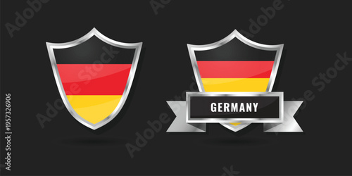 Realistic 3D metallic shield and ribbon featuring the national flag of Germany (Deutschland), ideal for sports, travel, and European graphic design.