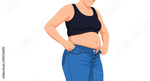 A woman wearing a black tank top struggles to pull up tight blue jeans over her stomach, holding the waistband with both hands on a white background.
