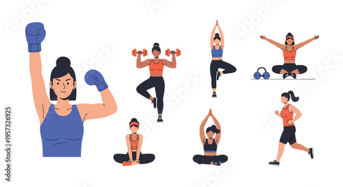 A collection of diverse women engage in various fitness activities including boxing, weightlifting, yoga poses, and running, depicted on a white background.