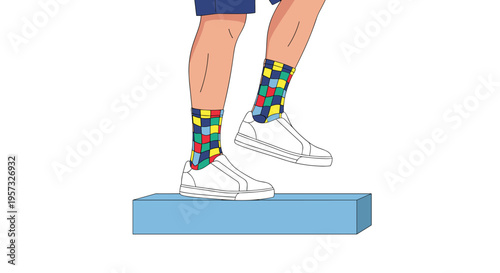 A person's lower legs with colorful checkered socks and white sneakers are shown stepping onto a light blue rectangular block on a white background.