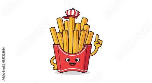 A cheerful anthropomorphic french fry character wearing a red hat and gesturing a playful food illustration silhouette high quality professional detailed