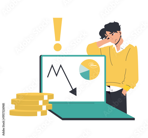 Pensive Man Analyzing Financial Loss Vector Illustration