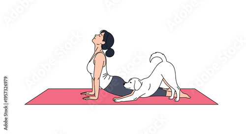 A woman in a white tank top and dark leggings performs a cobra yoga pose on a pink mat with a white dog mimicking her pose on a white background.